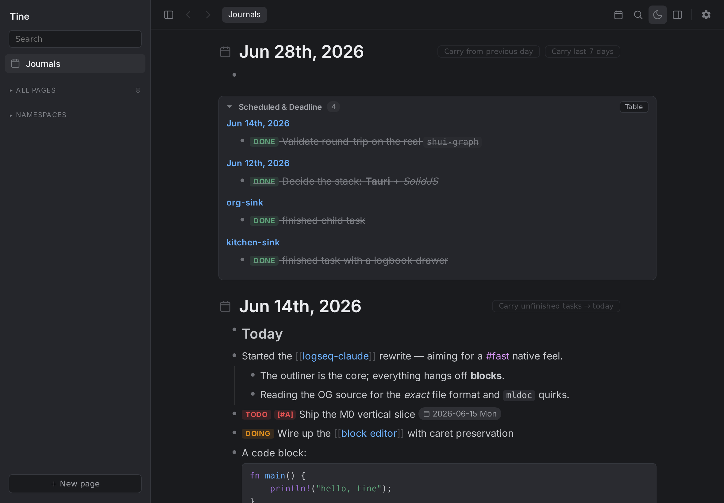 Tine's journals feed in dark mode
