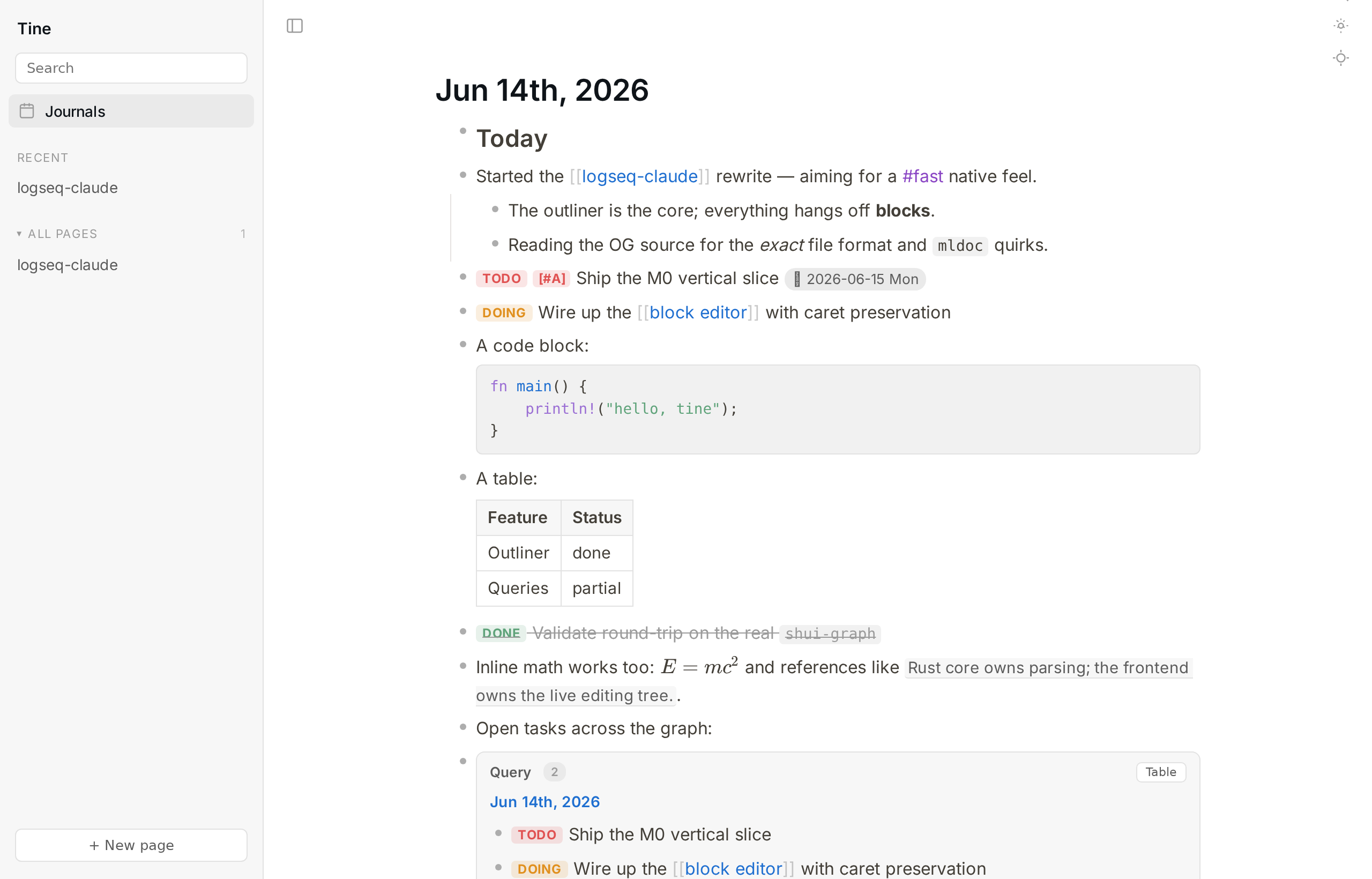 Tine showing a multi-day journal feed