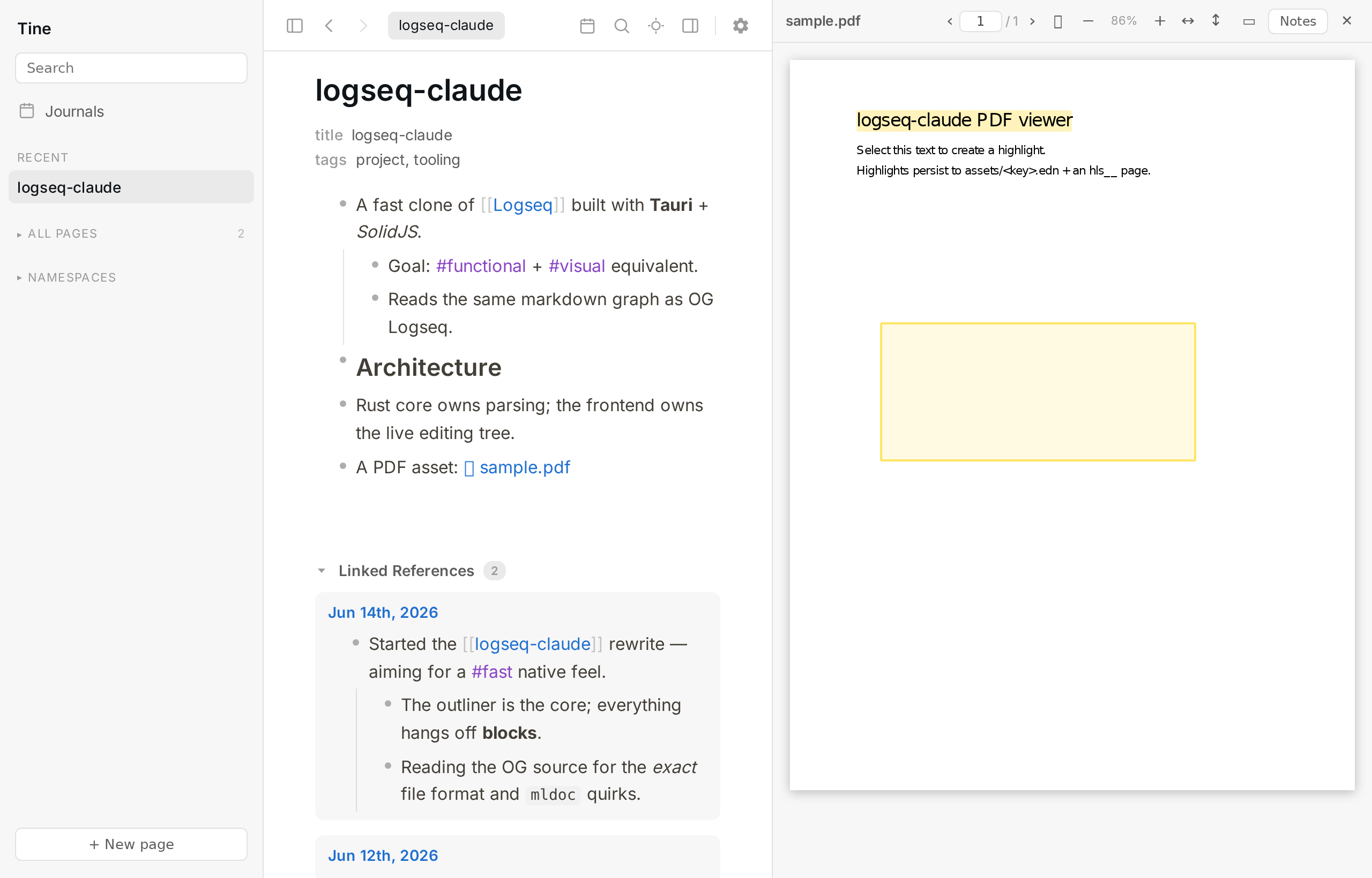 PDF text and area highlighting with a notes page