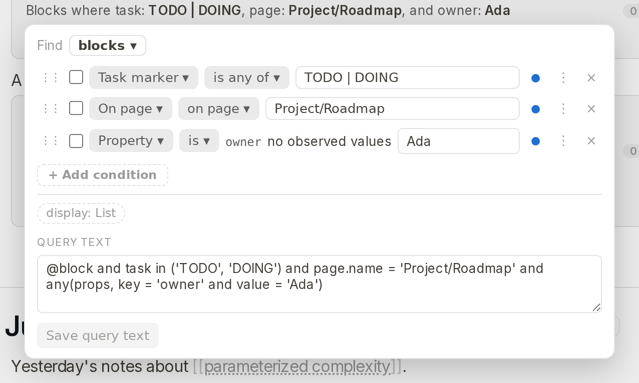 The visual query builder with task, page and property conditions, and the query text below it