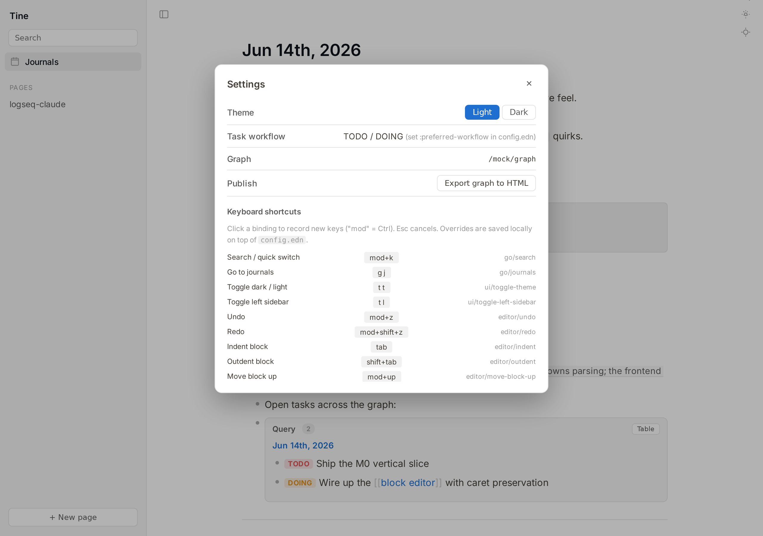 Settings panel showing remappable shortcuts and revertable options