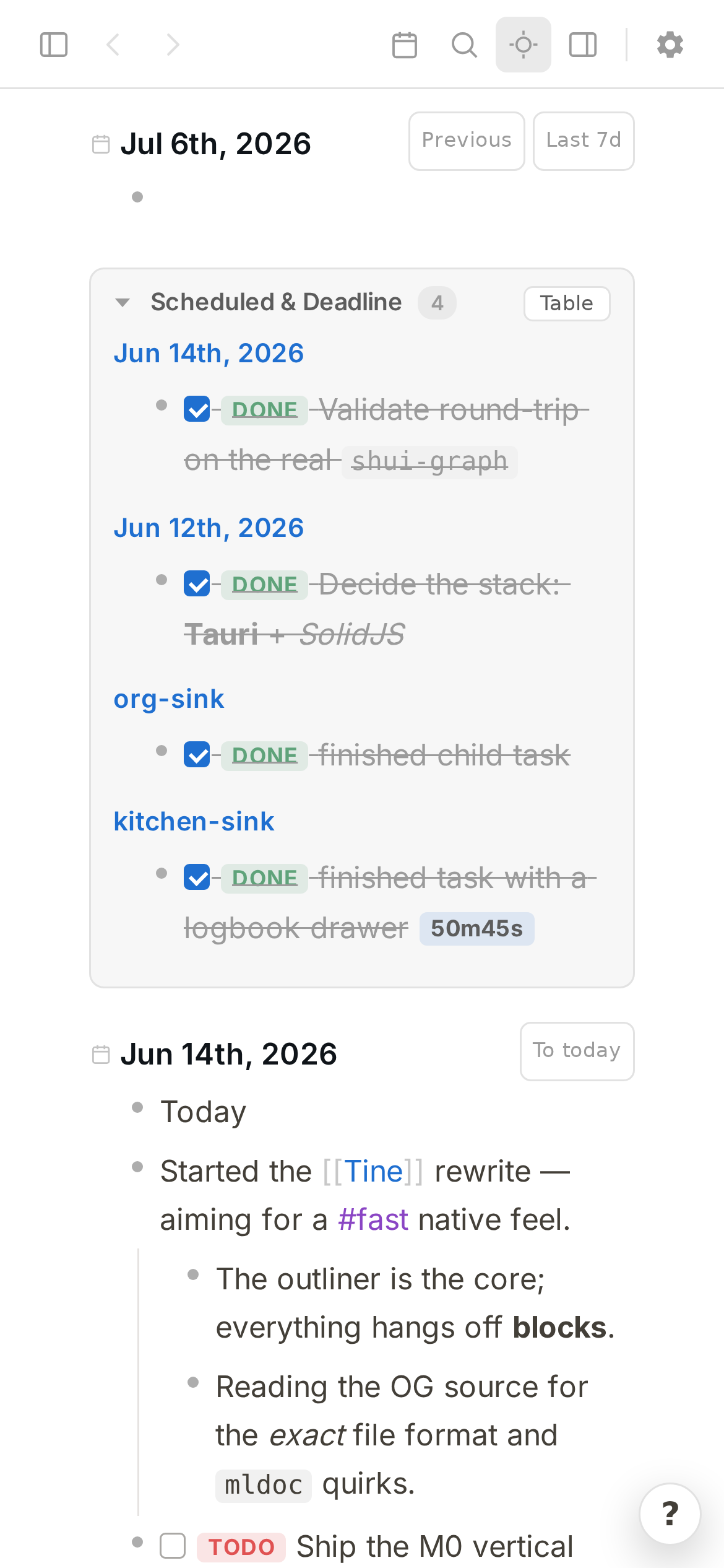 Tine running on Android — a journal feed with tasks and nested blocks on a phone