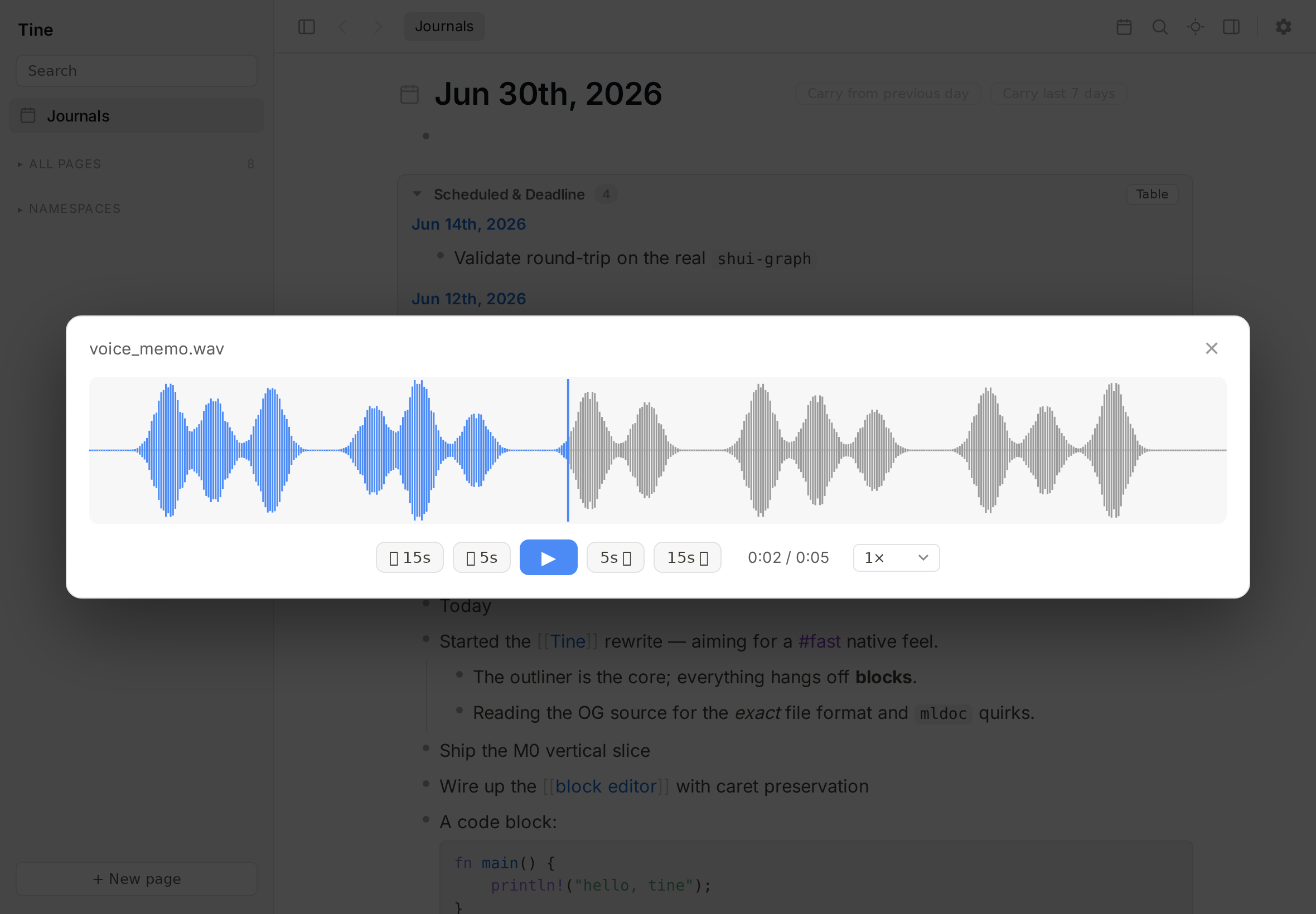Audio waveform overlay player with skip and speed controls