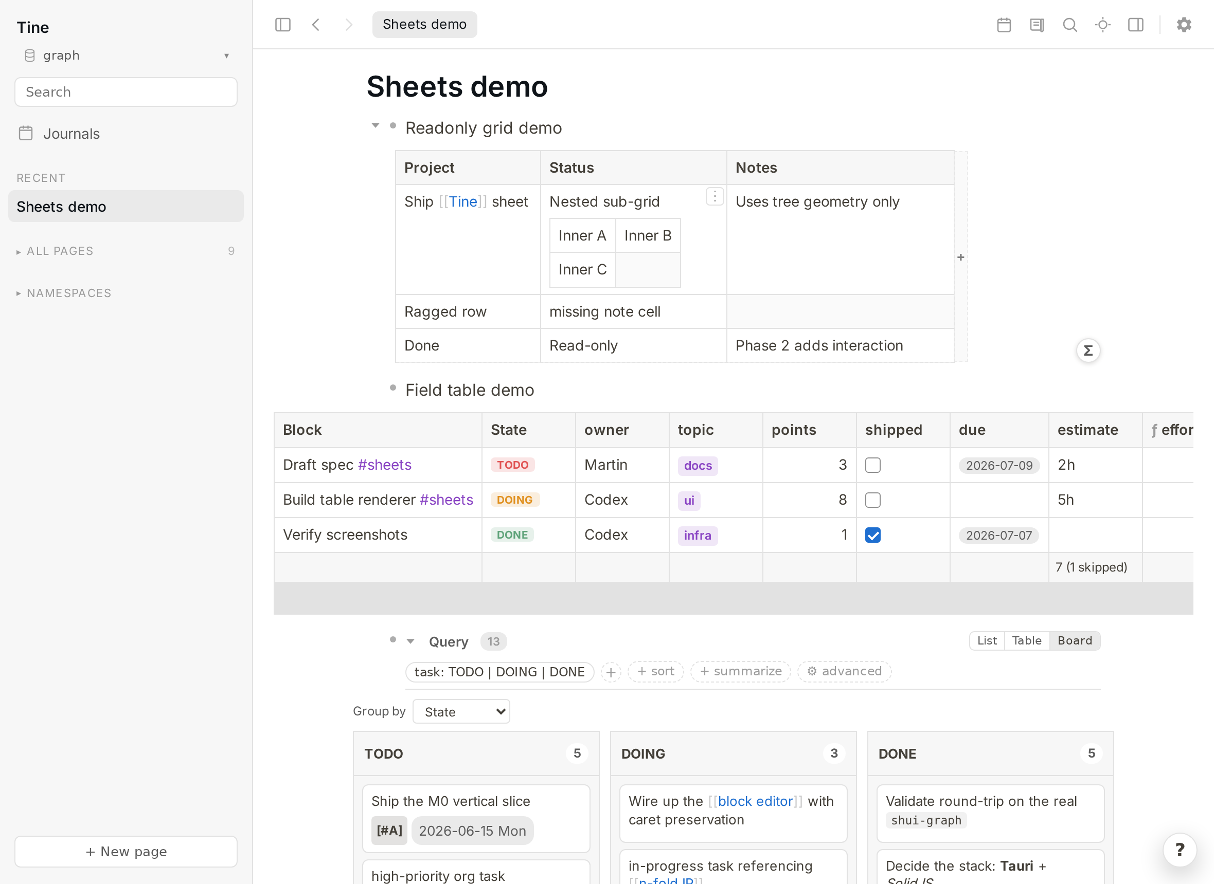 A Tine page showing a grid, a typed field table, and a task board over plain bullets