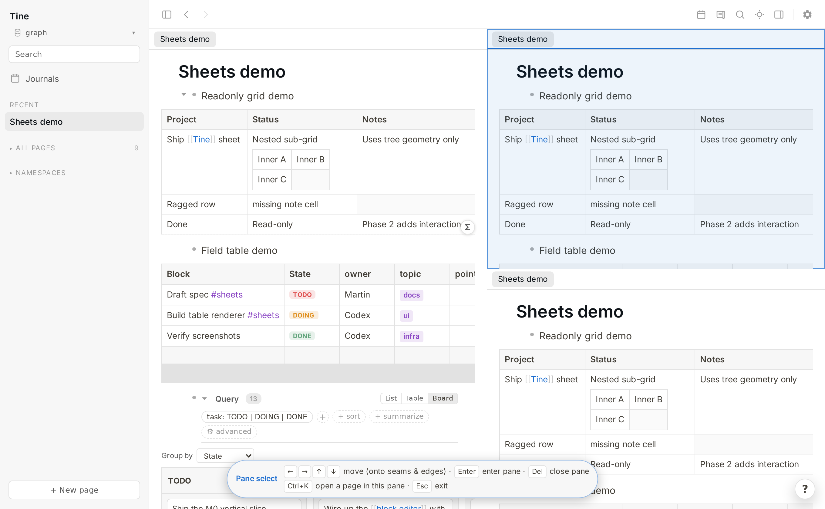 Three panes — a tall sheet on the left, two stacked panes on the right — with the top-right pane highlighted in pane-select mode